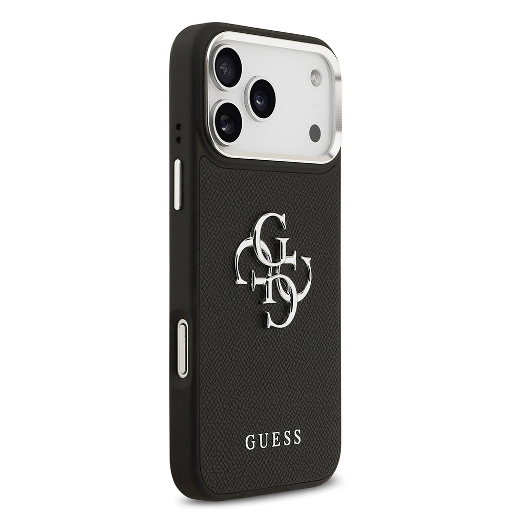 iPhone 17 Pro Max Kılıf Guess Orijinal Lisanslı Metal Kamera Çerçeveli Metal Büyük 4G ve Yazı Logolu PU Deri Kılıf
