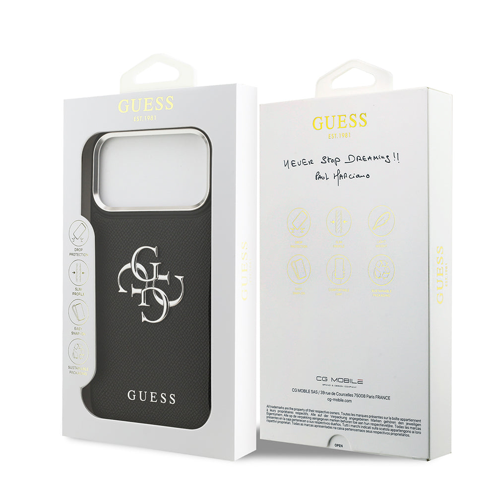 iPhone 17 Pro Max Kılıf Guess Orijinal Lisanslı Metal Kamera Çerçeveli Metal Büyük 4G ve Yazı Logolu PU Deri Kılıf