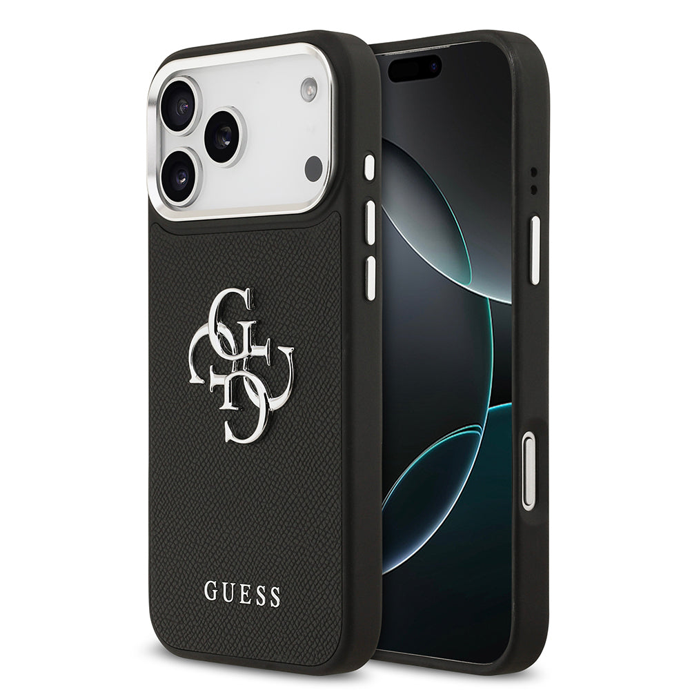 iPhone 17 Pro Max Kılıf Guess Orijinal Lisanslı Metal Kamera Çerçeveli Metal Büyük 4G ve Yazı Logolu PU Deri Kılıf