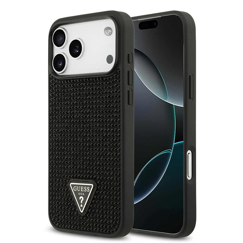 iPhone 17 Pro Max Kılıf Guess Orijinal Lisanslı Taşlı Arka Yüzey Üçgen Logolu Kılıf
