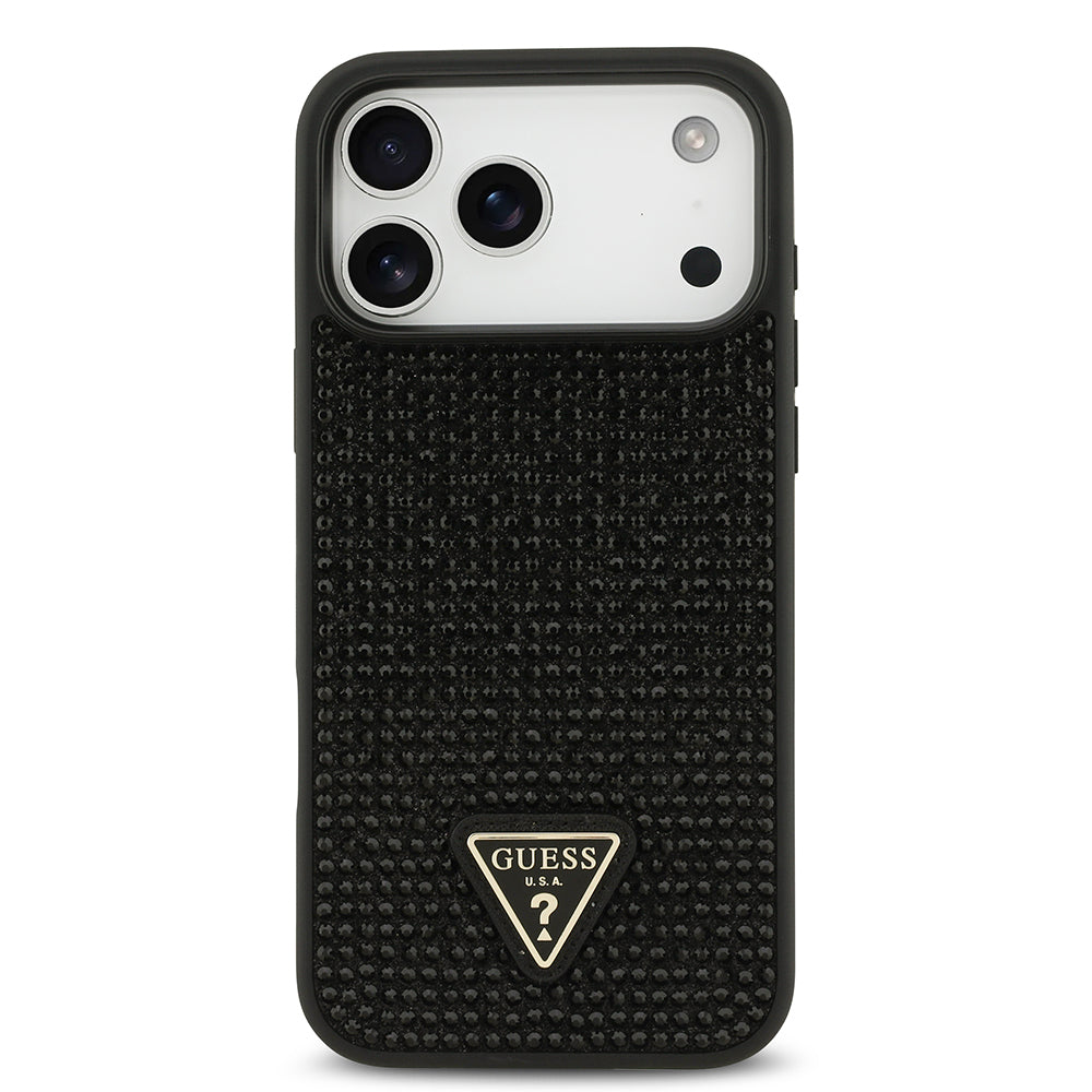 iPhone 17 Pro Max Kılıf Guess Orijinal Lisanslı Taşlı Arka Yüzey Üçgen Logolu Kılıf