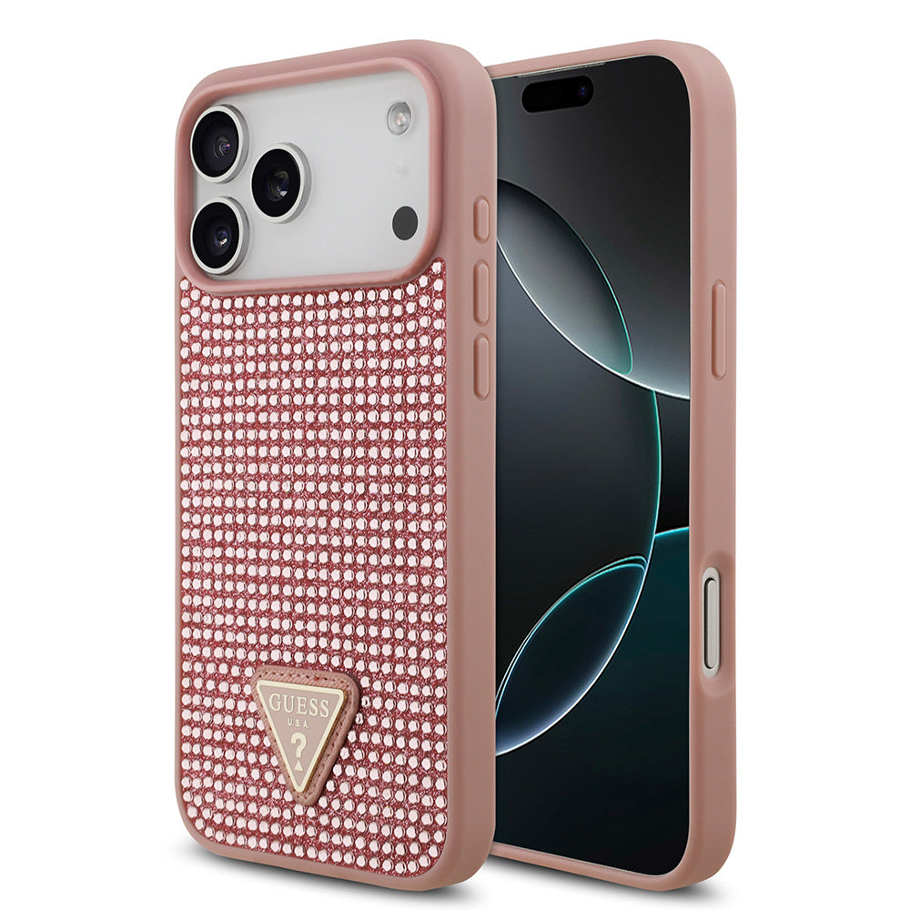 iPhone 17 Pro Max Kılıf Guess Orijinal Lisanslı Taşlı Arka Yüzey Üçgen Logolu Kılıf