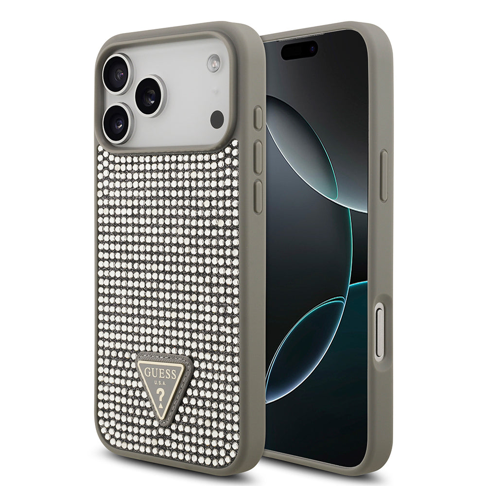 iPhone 17 Pro Max Kılıf Guess Orijinal Lisanslı Taşlı Arka Yüzey Üçgen Logolu Kılıf