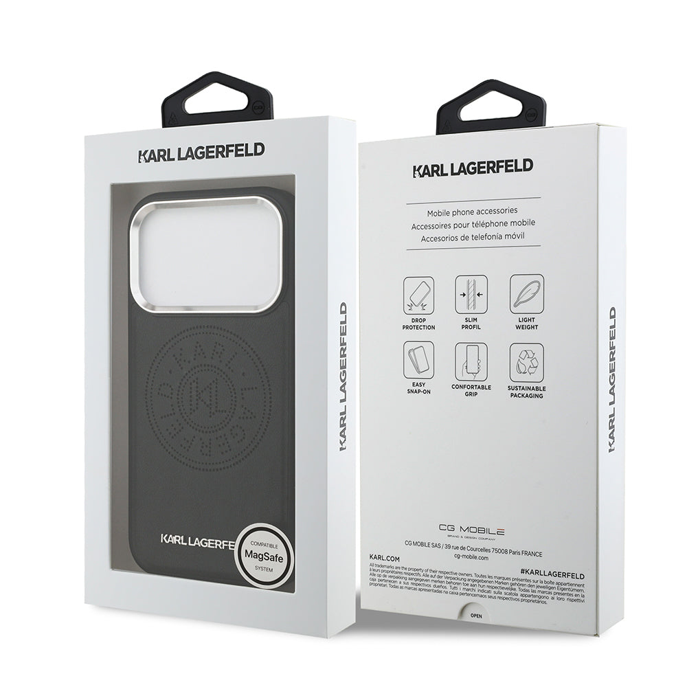 iPhone 17 Pro Max Kılıf Karl Lagerfeld Orijinal Lisanslı M-safe Şarj Özellikli Delikli Tasarım Metal Logolu PU Deri Kılıf