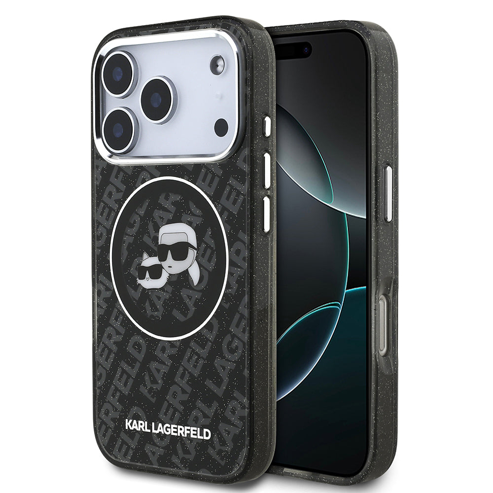 iPhone 17 Pro Max Kılıf Karl Lagerfeld Orijinal Lisanslı Parlayan Simli Karl & Choupette Heads Kılıf