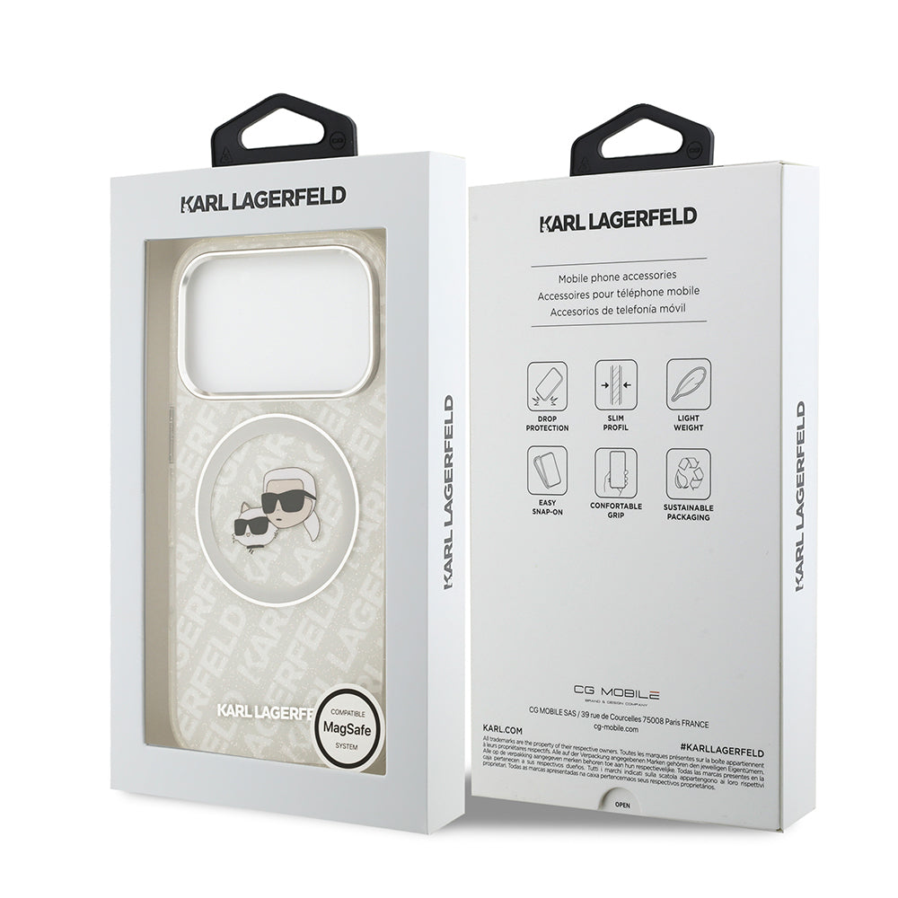 iPhone 17 Pro Max Kılıf Karl Lagerfeld Orijinal Lisanslı Parlayan Simli Karl & Choupette Heads Kılıf