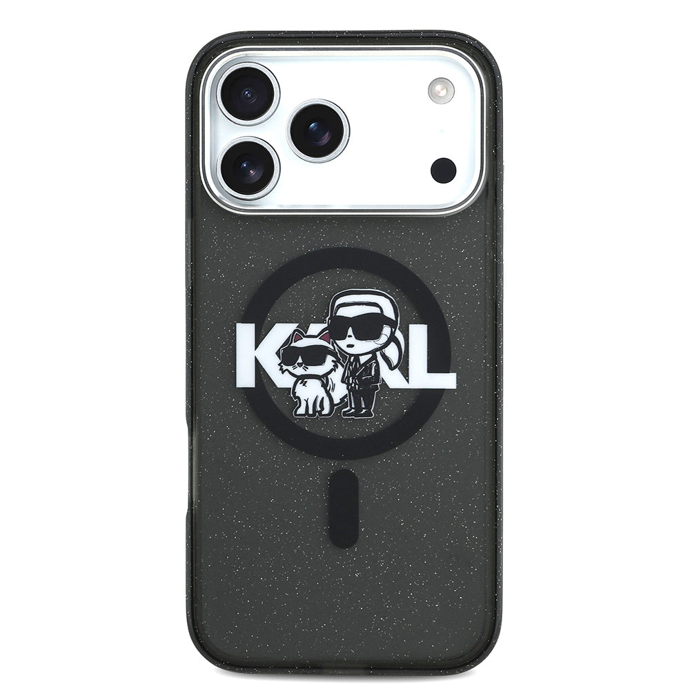 iPhone 17 Pro Max Kılıf Karl Lagerfeld Orijinal Lisanslı Parlayan Simli Karl & Choupette Sketch Logo Kılıf