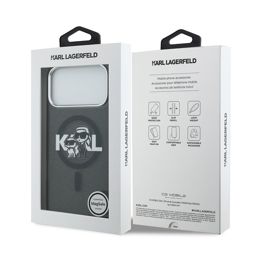 iPhone 17 Pro Max Kılıf Karl Lagerfeld Orijinal Lisanslı Parlayan Simli Karl & Choupette Sketch Logo Kılıf