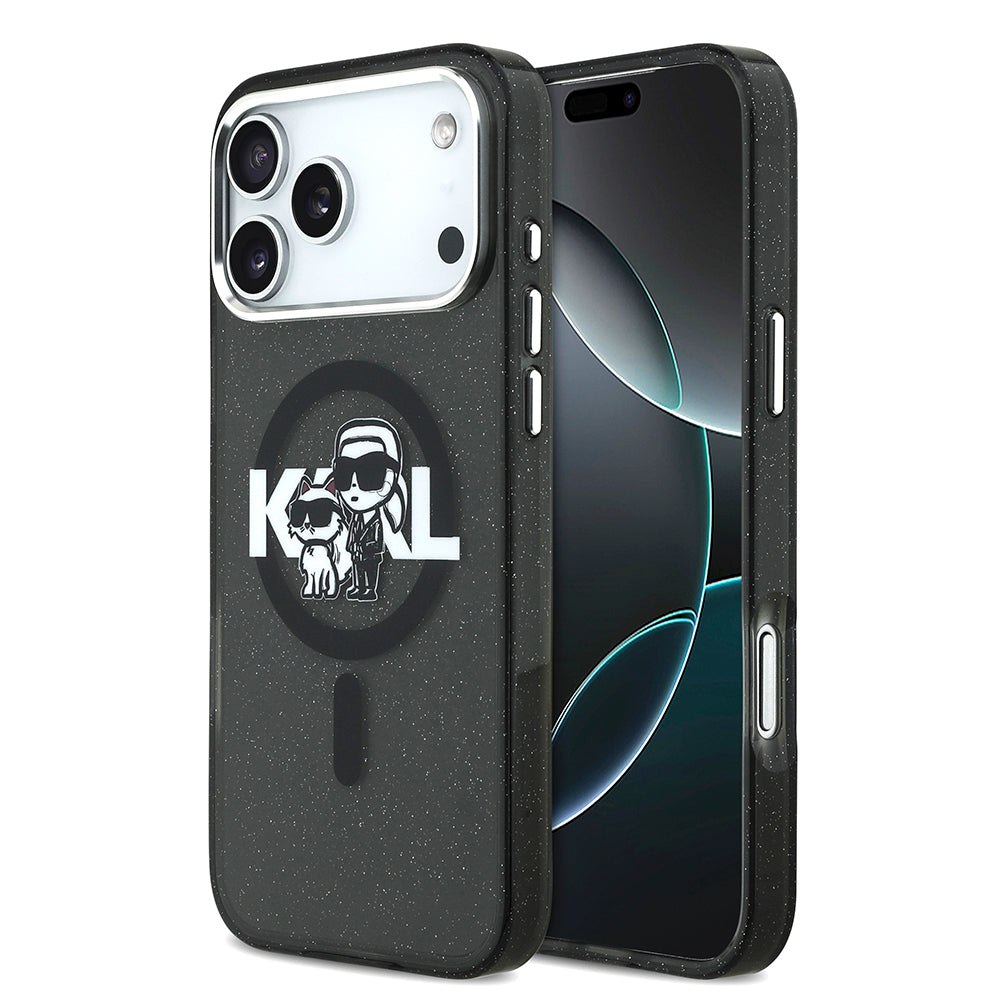 iPhone 17 Pro Max Kılıf Karl Lagerfeld Orijinal Lisanslı Parlayan Simli Karl & Choupette Sketch Logo Kılıf