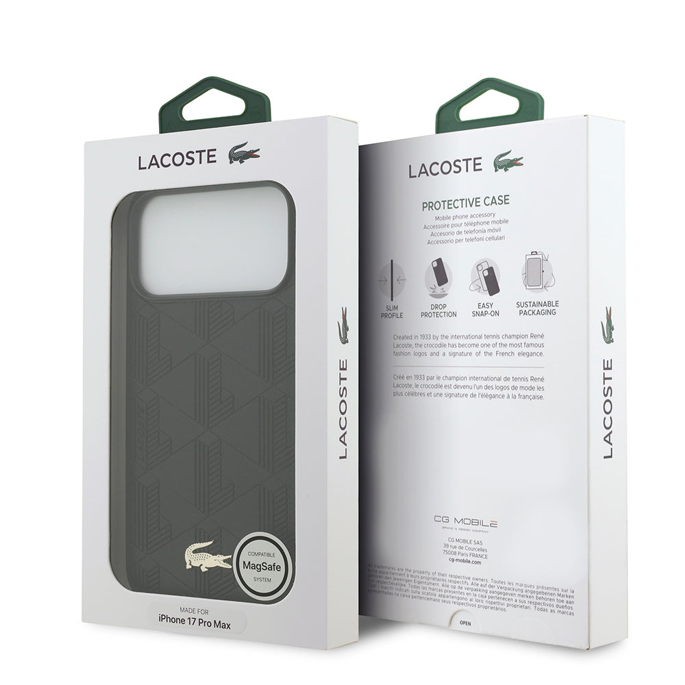 iPhone 17 Pro Max Kılıf Lacoste Orijinal Lisanslı M-safe Şarj Özellikli PU Deri Tasarımlı Karışık Monogram Desenli Kılıf
