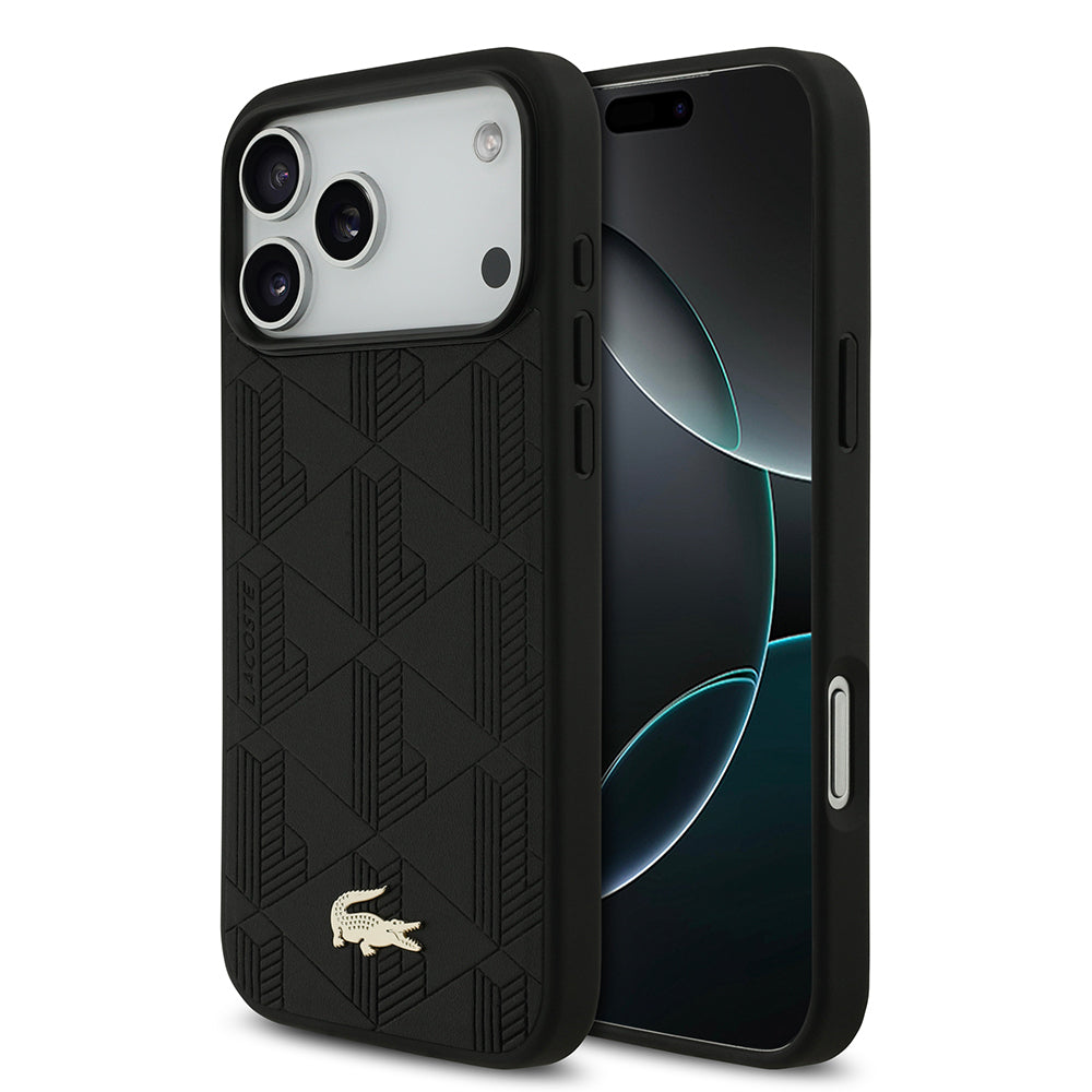iPhone 17 Pro Max Kılıf Lacoste Orijinal Lisanslı M-safe Şarj Özellikli PU Deri Tasarımlı Karışık Monogram Desenli Kılıf