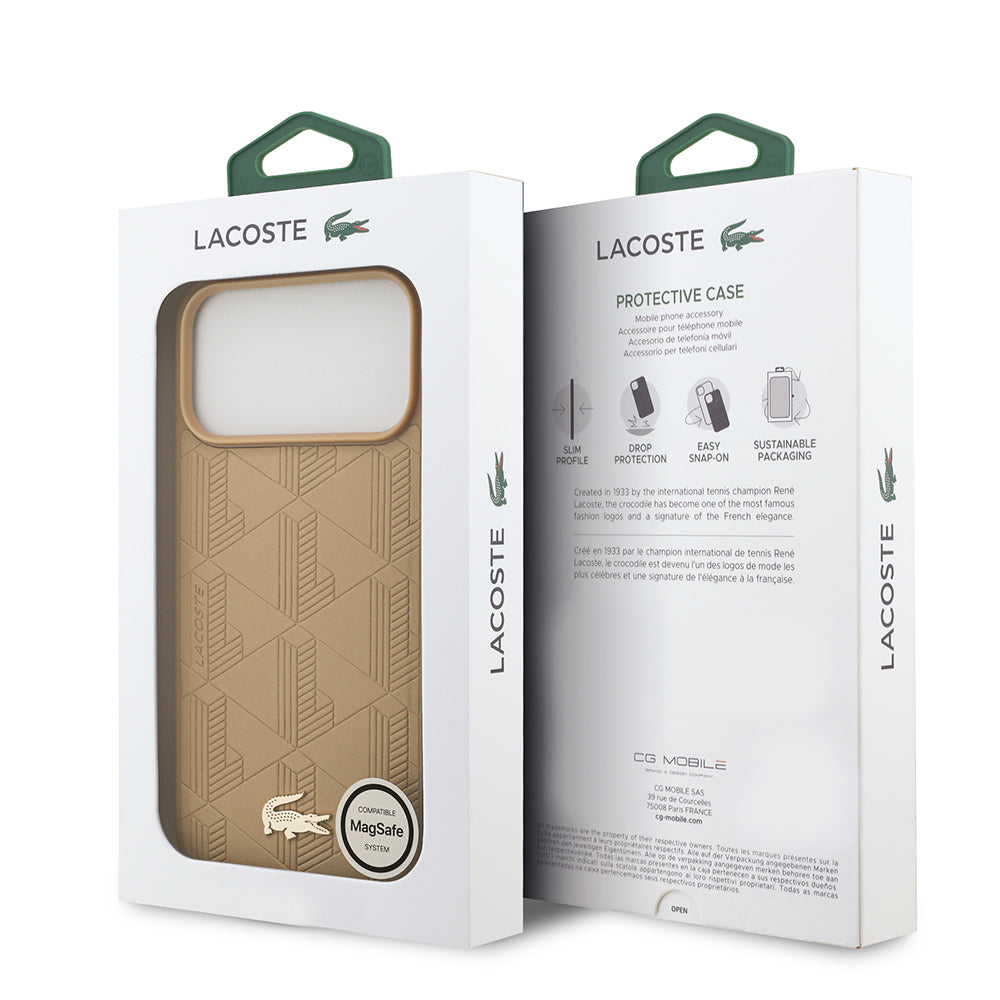 iPhone 17 Pro Max Kılıf Lacoste Orijinal Lisanslı M-safe Şarj Özellikli PU Deri Tasarımlı Karışık Monogram Desenli Kılıf
