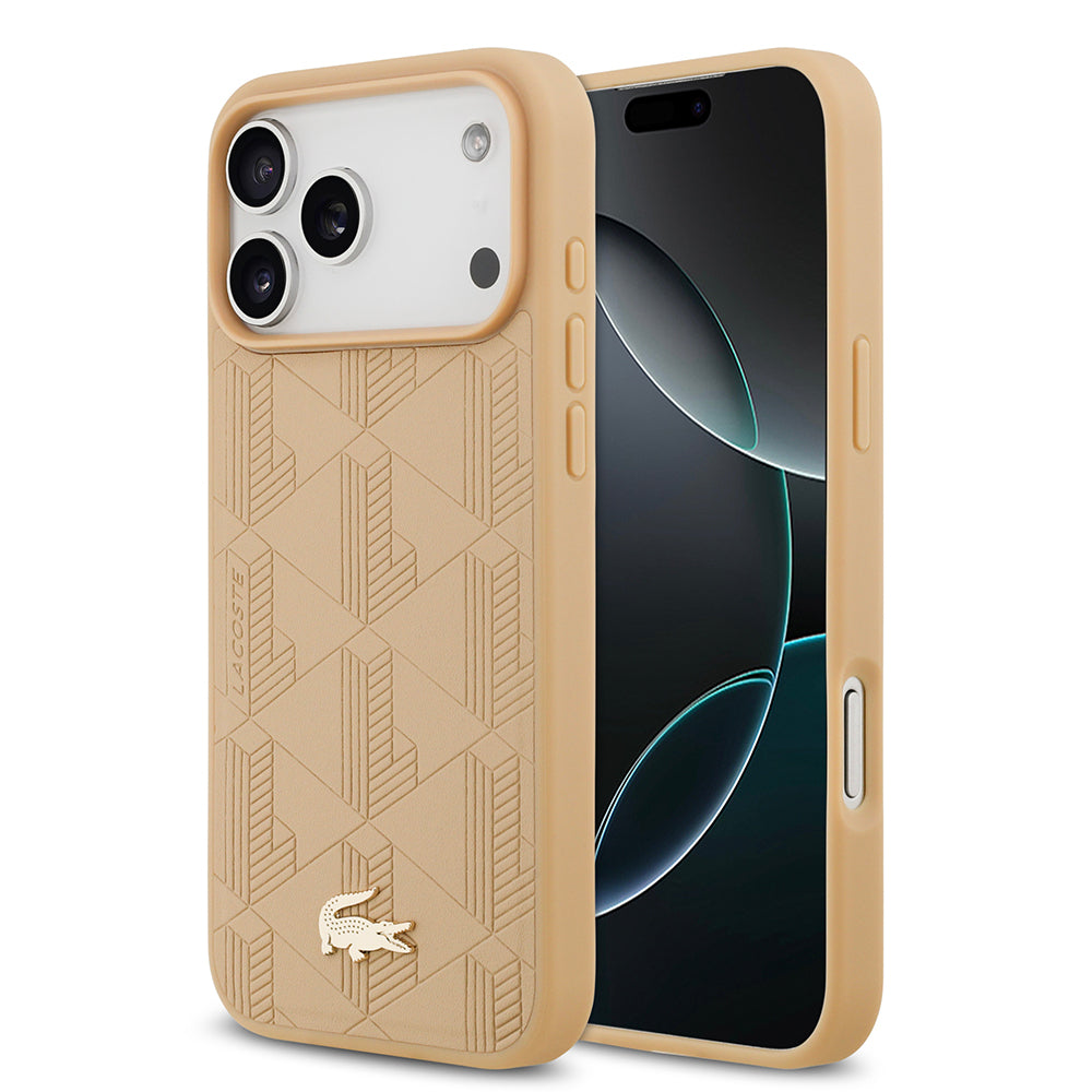iPhone 17 Pro Max Kılıf Lacoste Orijinal Lisanslı M-safe Şarj Özellikli PU Deri Tasarımlı Karışık Monogram Desenli Kılıf