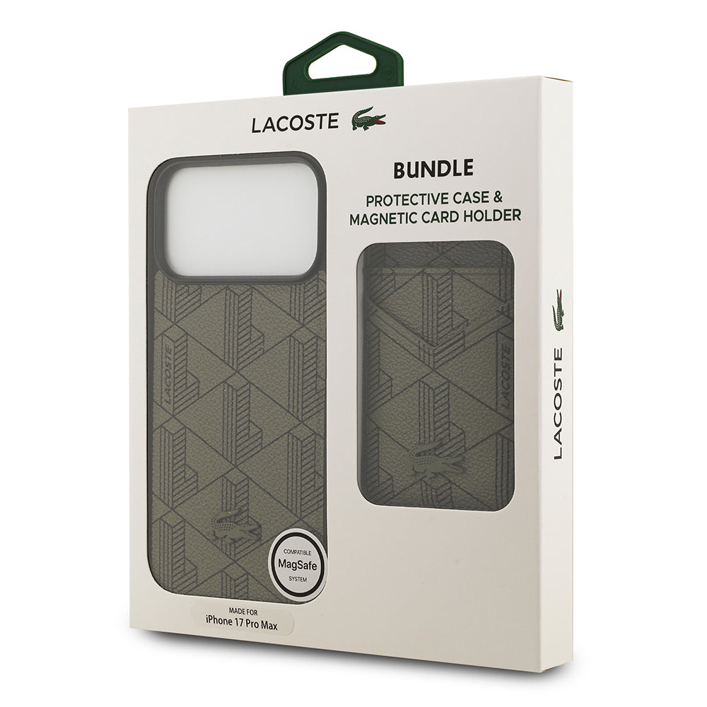 iPhone 17 Pro Max Kılıf Lacoste Orijinal Lisanslı M-safe Şarj Özellikli PU Deri Tasarımlı Kartlıklı Karışık Monogram Desenli Kılıf