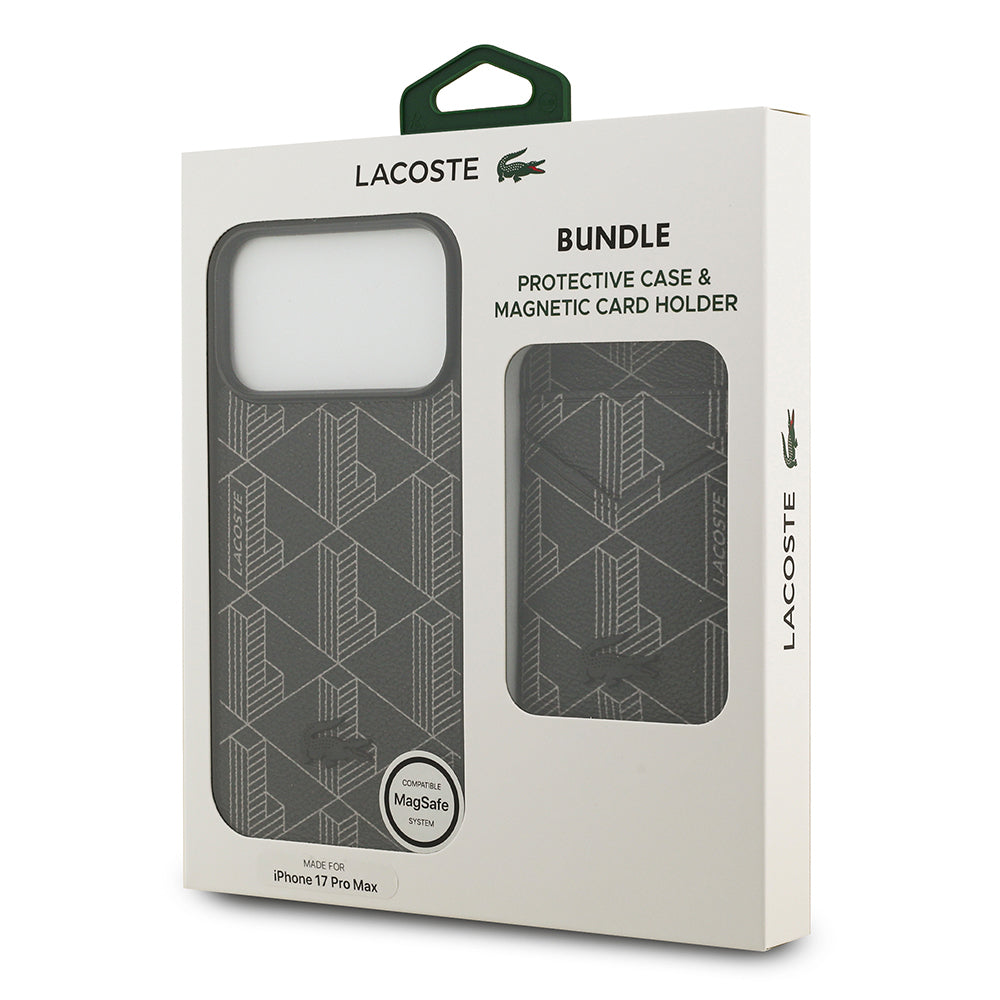 iPhone 17 Pro Max Kılıf Lacoste Orijinal Lisanslı M-safe Şarj Özellikli PU Deri Tasarımlı Kartlıklı Karışık Monogram Desenli Kılıf
