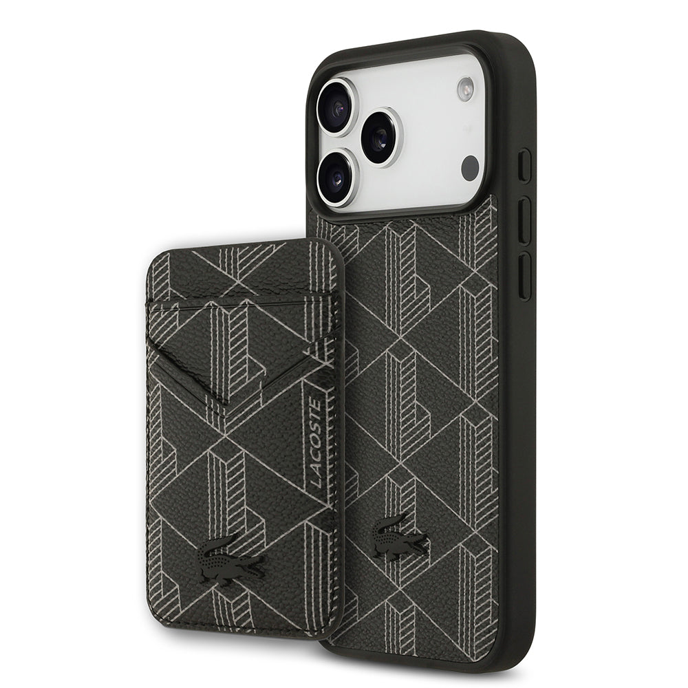 iPhone 17 Pro Max Kılıf Lacoste Orijinal Lisanslı M-safe Şarj Özellikli PU Deri Tasarımlı Kartlıklı Karışık Monogram Desenli Kılıf
