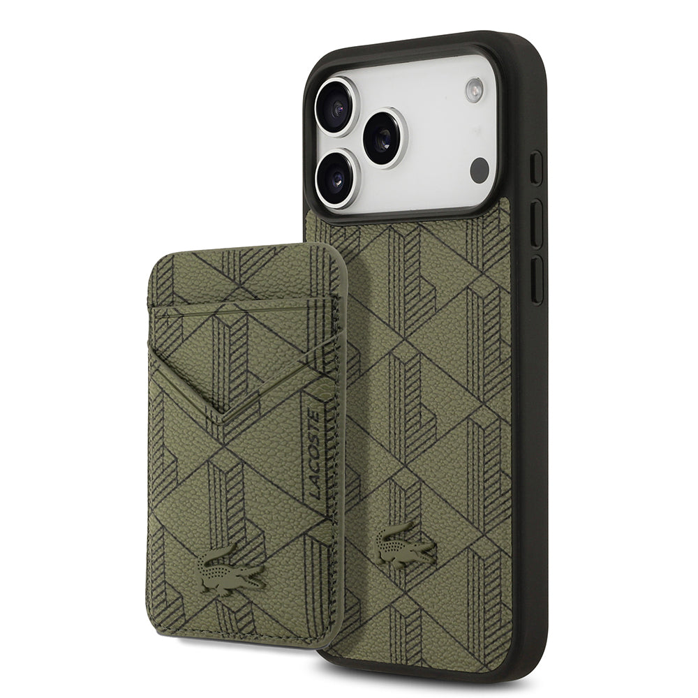 iPhone 17 Pro Max Kılıf Lacoste Orijinal Lisanslı M-safe Şarj Özellikli PU Deri Tasarımlı Kartlıklı Karışık Monogram Desenli Kılıf