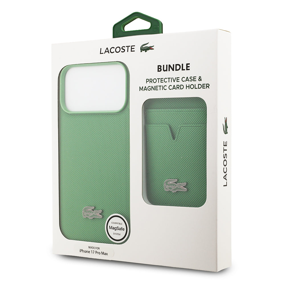iPhone 17 Pro Max Kılıf Lacoste Orijinal Lisanslı M-safe Şarj Özellikli PU Pike Desenli Metal Logolu Kartlıklı Kılıf