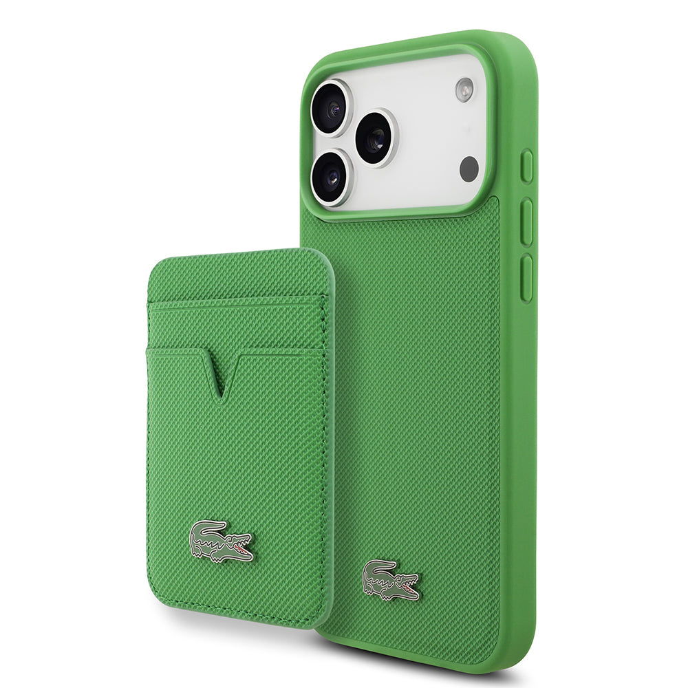iPhone 17 Pro Max Kılıf Lacoste Orijinal Lisanslı M-safe Şarj Özellikli PU Pike Desenli Metal Logolu Kartlıklı Kılıf