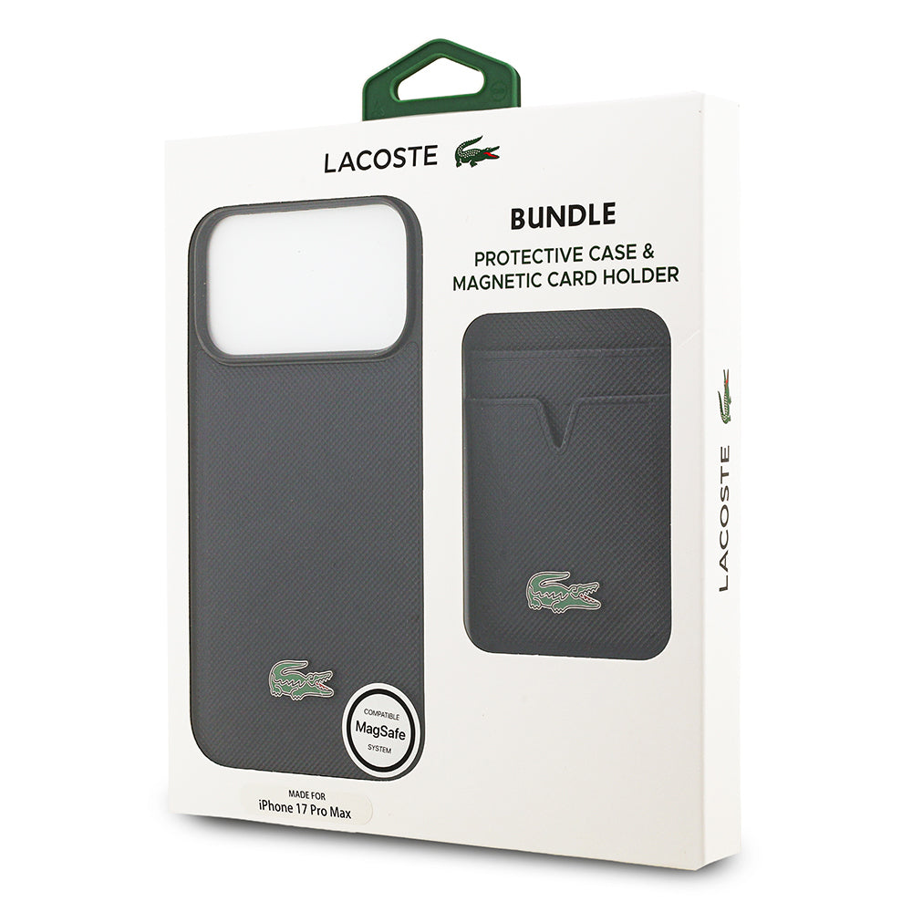 iPhone 17 Pro Max Kılıf Lacoste Orijinal Lisanslı M-safe Şarj Özellikli PU Pike Desenli Metal Logolu Kartlıklı Kılıf