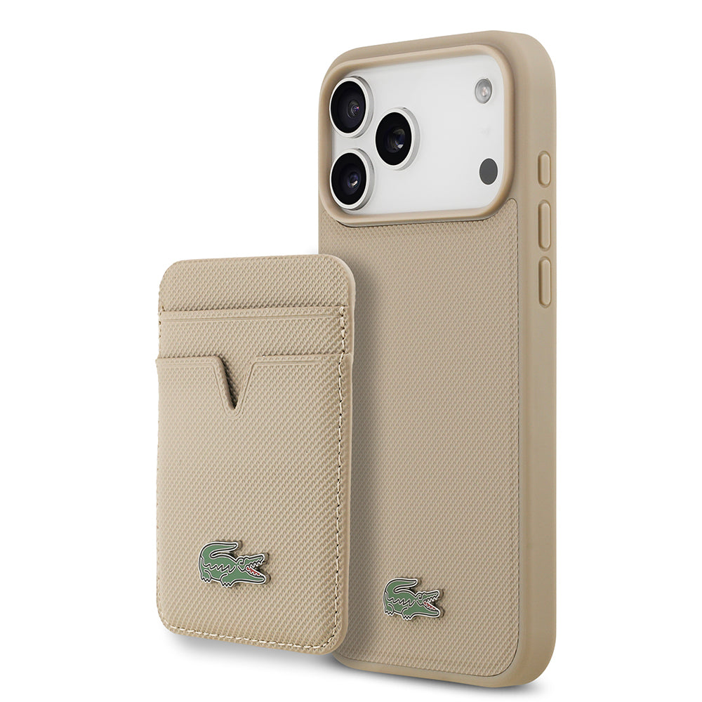 iPhone 17 Pro Max Kılıf Lacoste Orijinal Lisanslı M-safe Şarj Özellikli PU Pike Desenli Metal Logolu Kartlıklı Kılıf