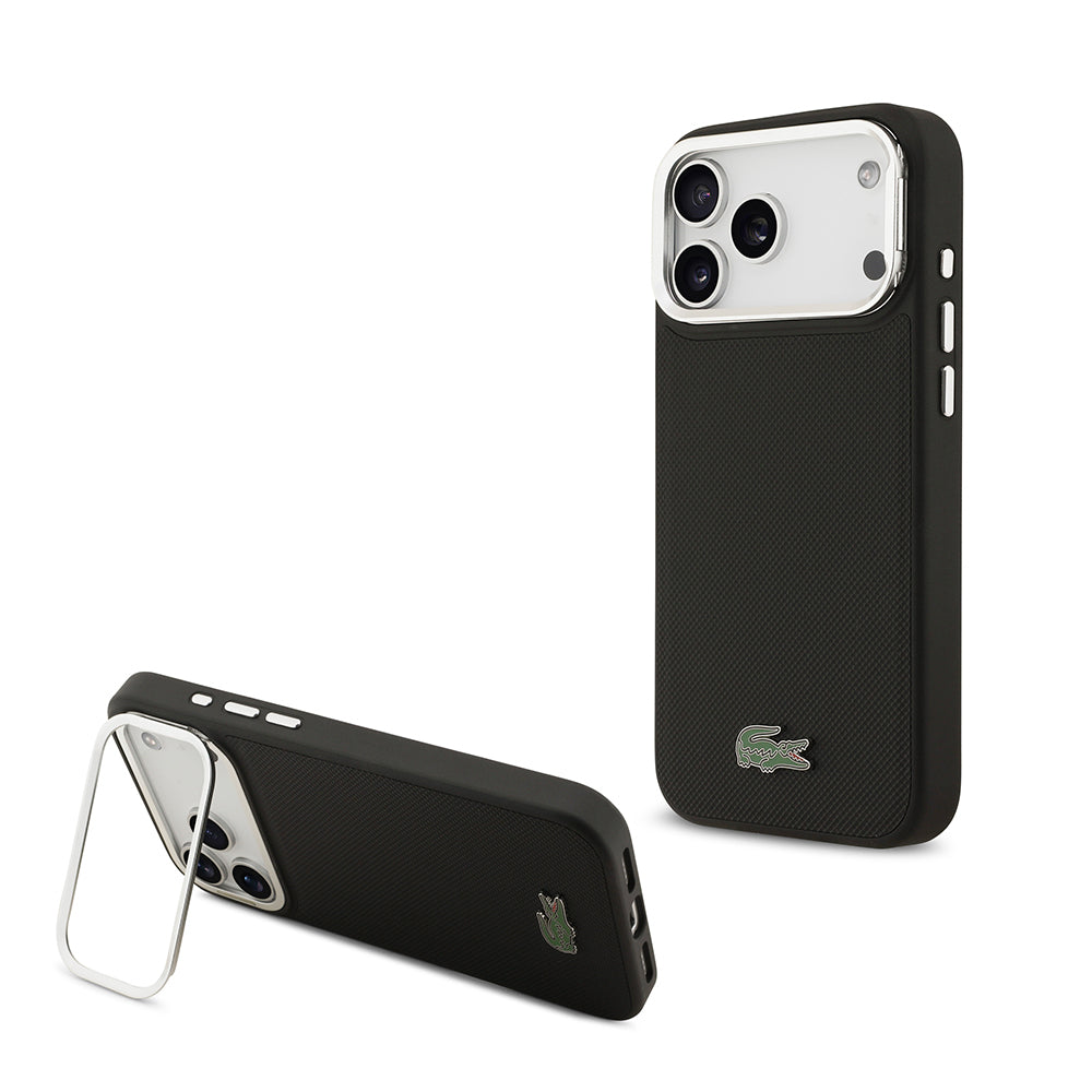 iPhone 17 Pro Max Kılıf Lacoste Orijinal Lisanslı M-safe Şarj Özellikli PU Pike Desenli Standlı Metal Logolu Kılıf