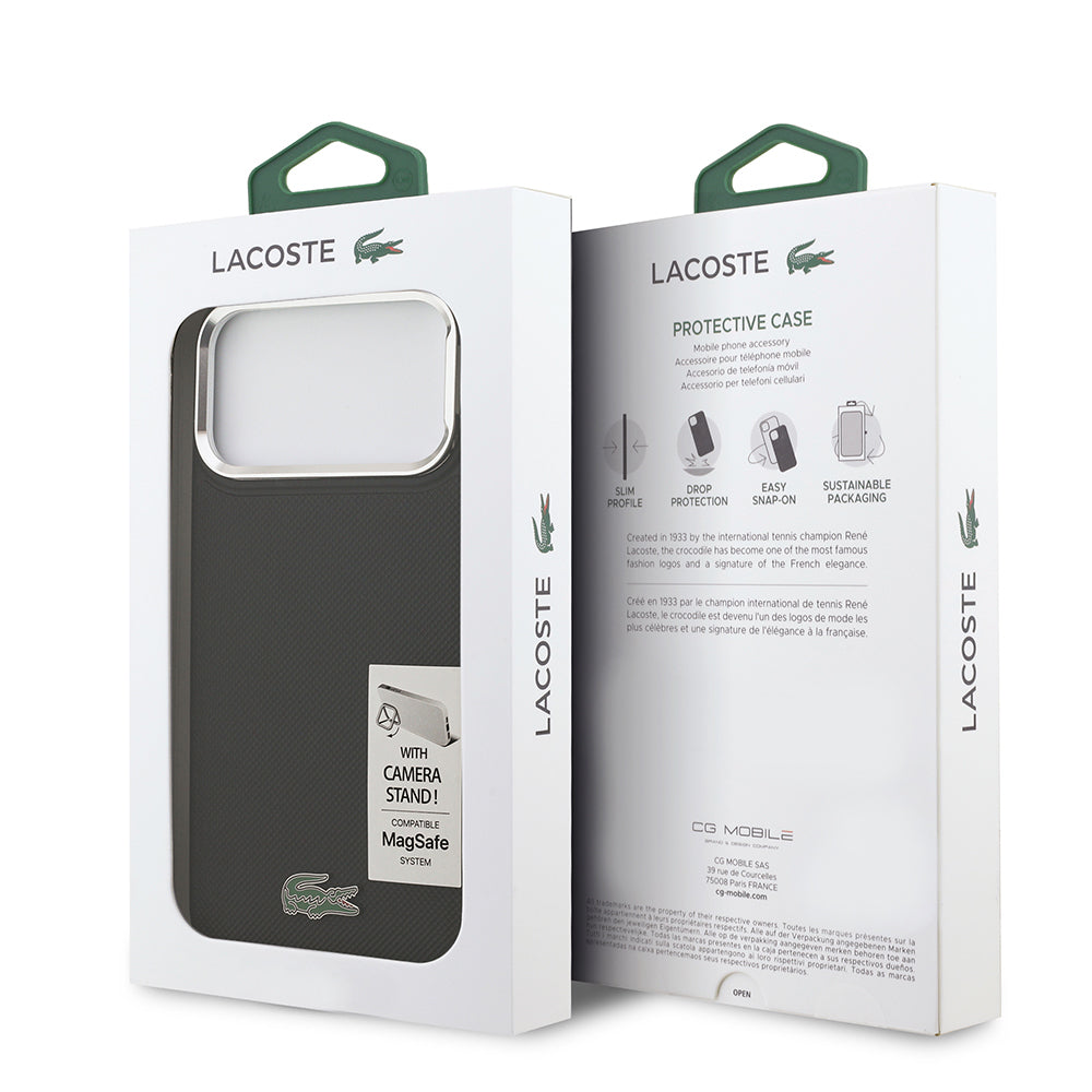 iPhone 17 Pro Max Kılıf Lacoste Orijinal Lisanslı M-safe Şarj Özellikli PU Pike Desenli Standlı Metal Logolu Kılıf