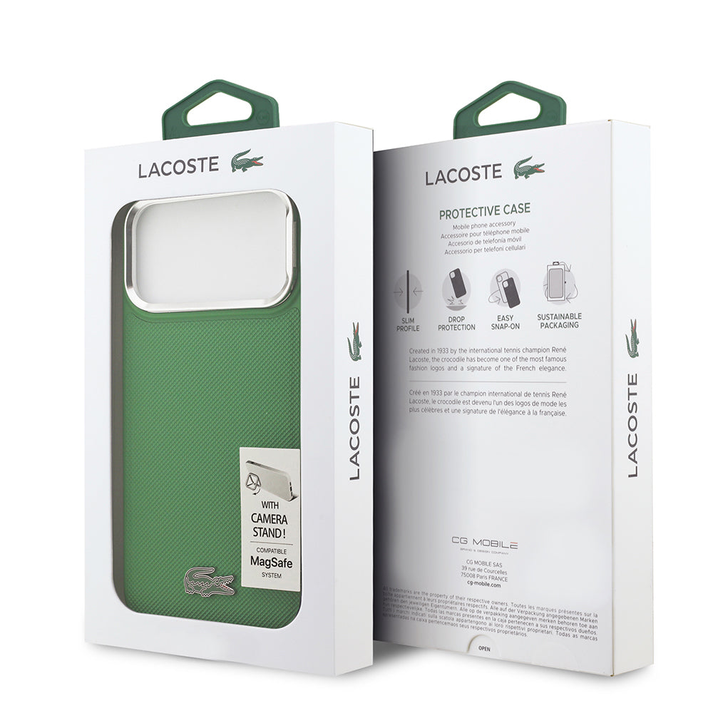 iPhone 17 Pro Max Kılıf Lacoste Orijinal Lisanslı M-safe Şarj Özellikli PU Pike Desenli Standlı Metal Logolu Kılıf