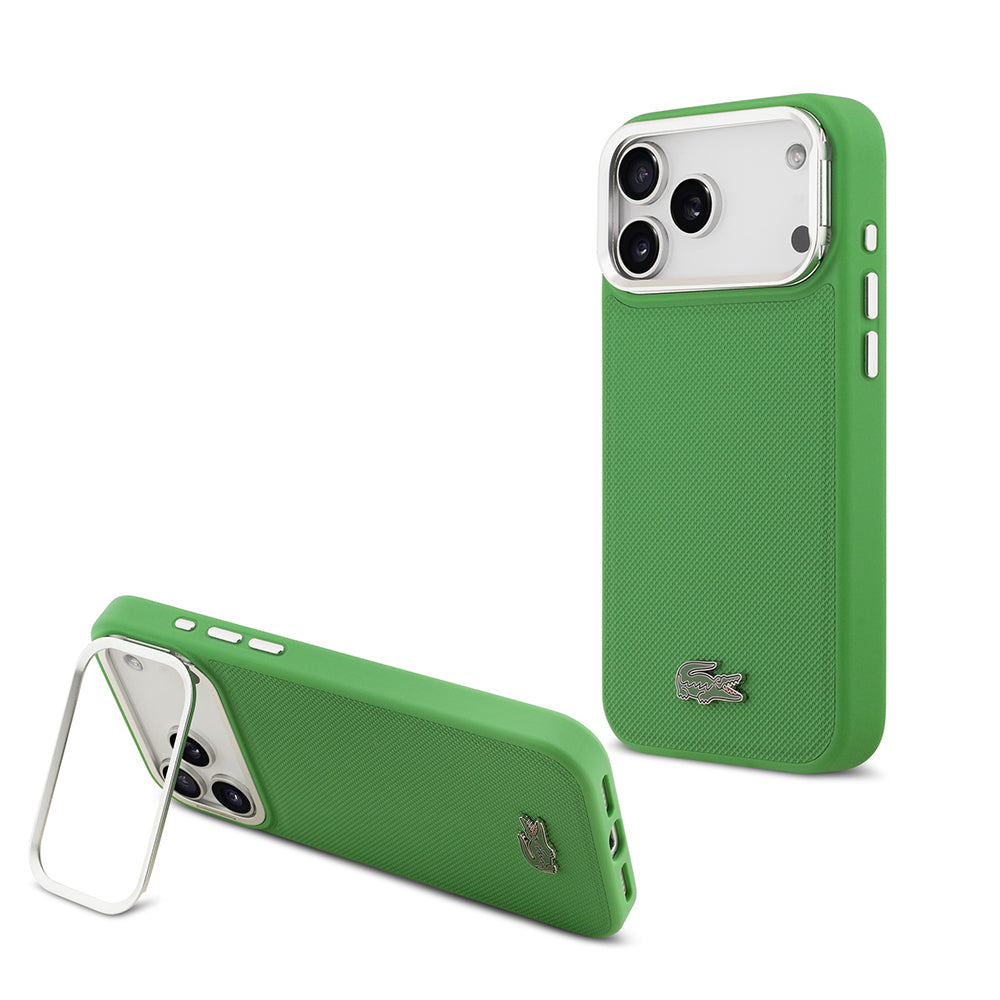 iPhone 17 Pro Max Kılıf Lacoste Orijinal Lisanslı M-safe Şarj Özellikli PU Pike Desenli Standlı Metal Logolu Kılıf