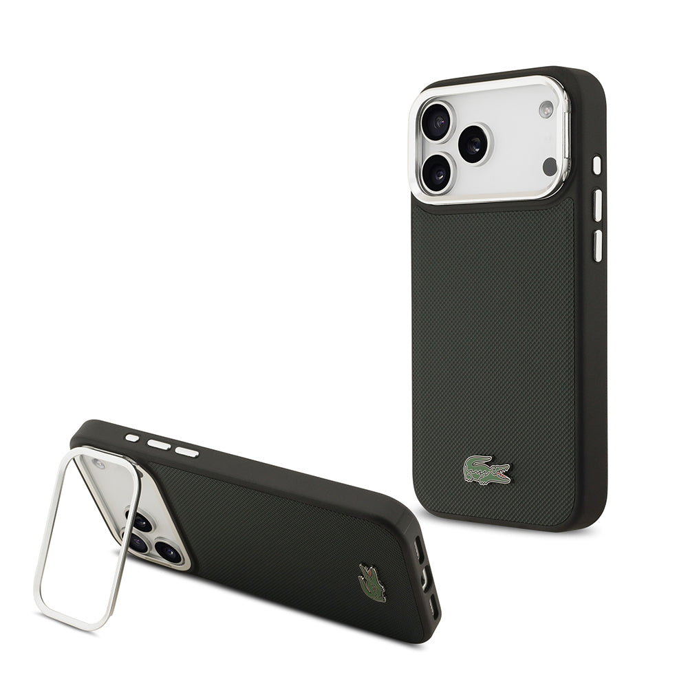 iPhone 17 Pro Max Kılıf Lacoste Orijinal Lisanslı M-safe Şarj Özellikli PU Pike Desenli Standlı Metal Logolu Kılıf
