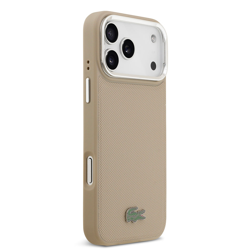 iPhone 17 Pro Max Kılıf Lacoste Orijinal Lisanslı M-safe Şarj Özellikli PU Pike Desenli Standlı Metal Logolu Kılıf