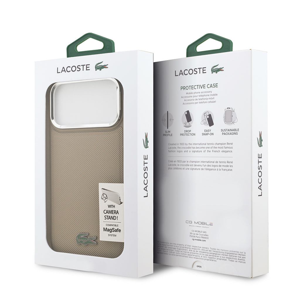 iPhone 17 Pro Max Kılıf Lacoste Orijinal Lisanslı M-safe Şarj Özellikli PU Pike Desenli Standlı Metal Logolu Kılıf