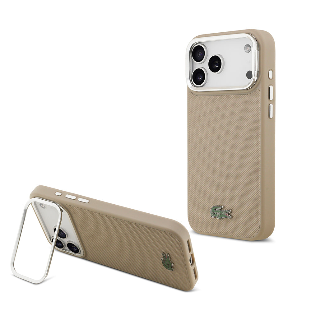 iPhone 17 Pro Max Kılıf Lacoste Orijinal Lisanslı M-safe Şarj Özellikli PU Pike Desenli Standlı Metal Logolu Kılıf