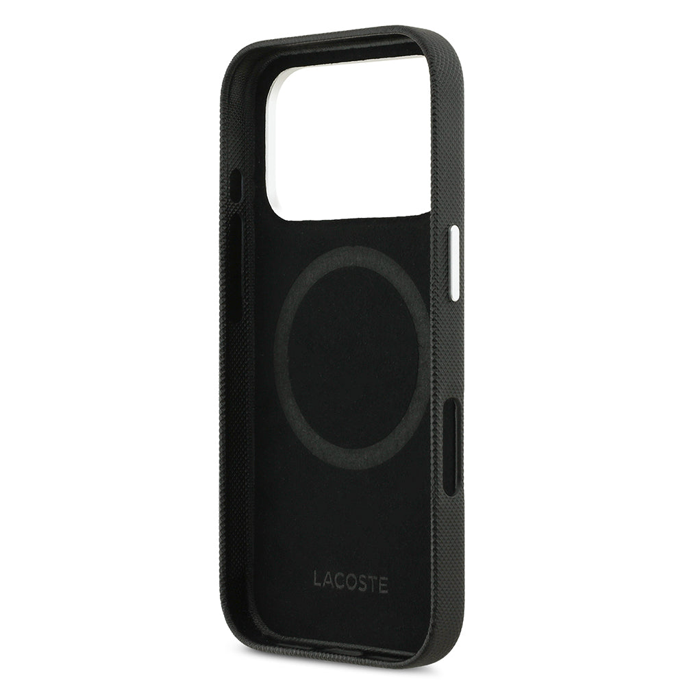 iPhone 17 Pro Max Kılıf Lacoste Orijinal Lisanslı M-Safe Şarj Özellikli PVC Pike Desenli Arka Yüzey İkonik Timsah Dokuma Logolu Kılıf