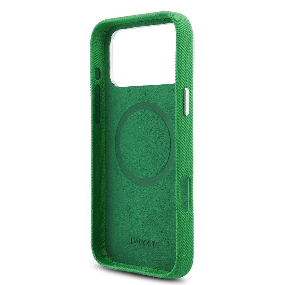 iPhone 17 Pro Max Kılıf Lacoste Orijinal Lisanslı M-Safe Şarj Özellikli PVC Pike Desenli Arka Yüzey İkonik Timsah Dokuma Logolu Kılıf