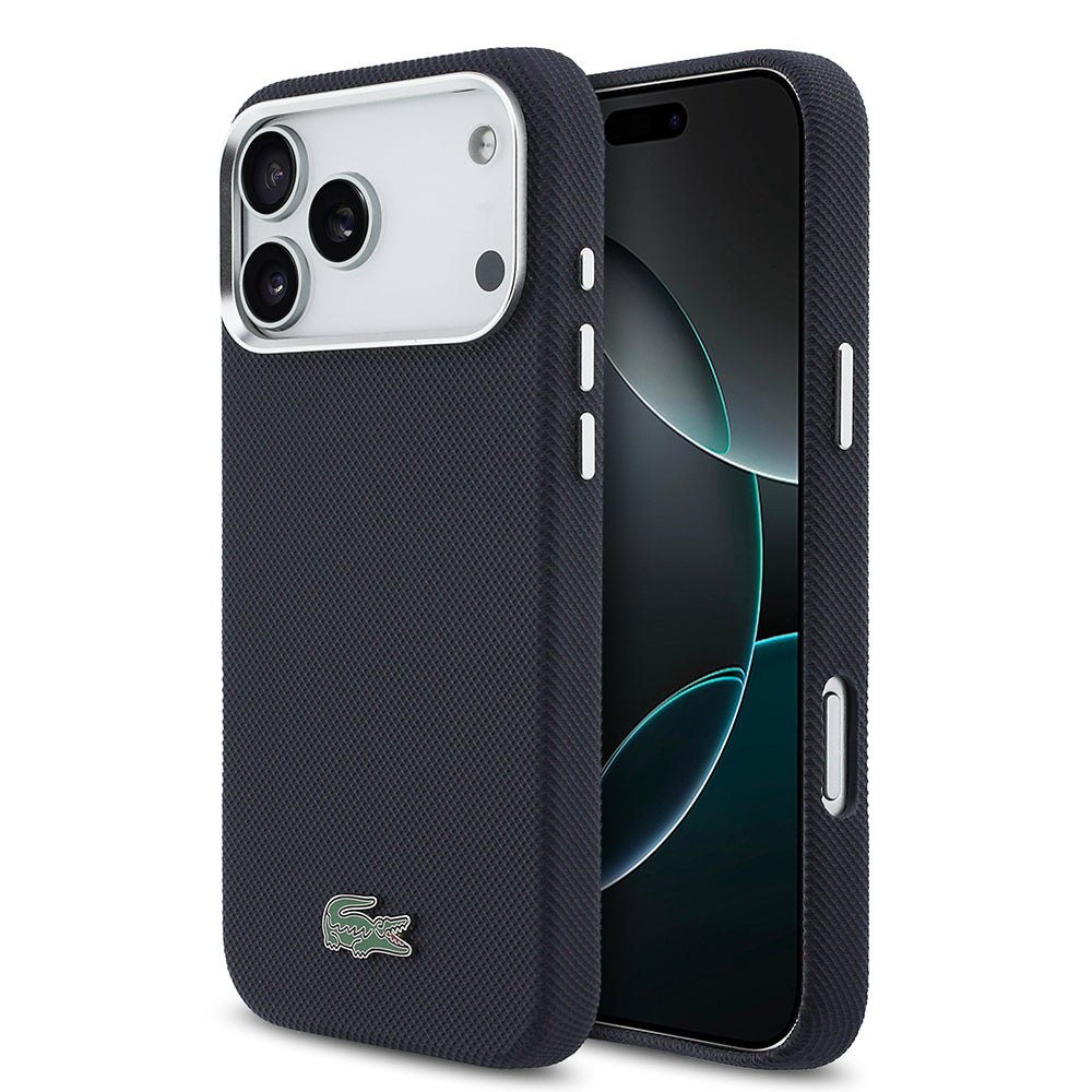 iPhone 17 Pro Max Kılıf Lacoste Orijinal Lisanslı M-Safe Şarj Özellikli PVC Pike Desenli Arka Yüzey İkonik Timsah Dokuma Logolu Kılıf