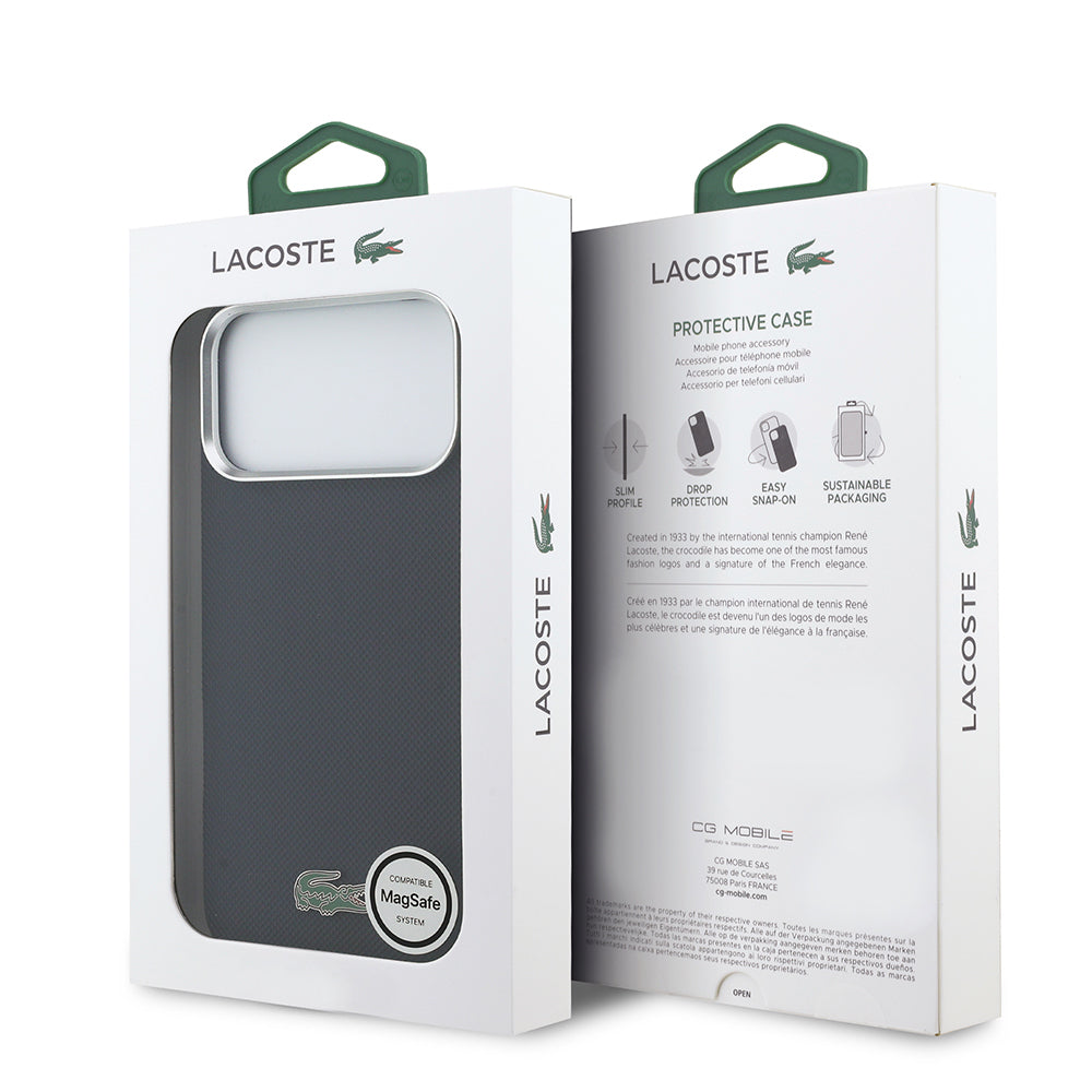iPhone 17 Pro Max Kılıf Lacoste Orijinal Lisanslı M-Safe Şarj Özellikli PVC Pike Desenli Arka Yüzey İkonik Timsah Dokuma Logolu Kılıf