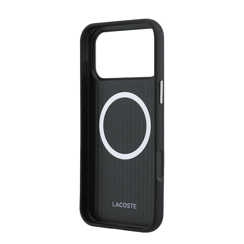 iPhone 17 Pro Max Kılıf Lacoste Orijinal Lisanslı M-Safe Şarj Özellikli PVC Yarı Pike Desenli Arka Yüzey İkonik Timsah Dokuma Logolu Kılıf
