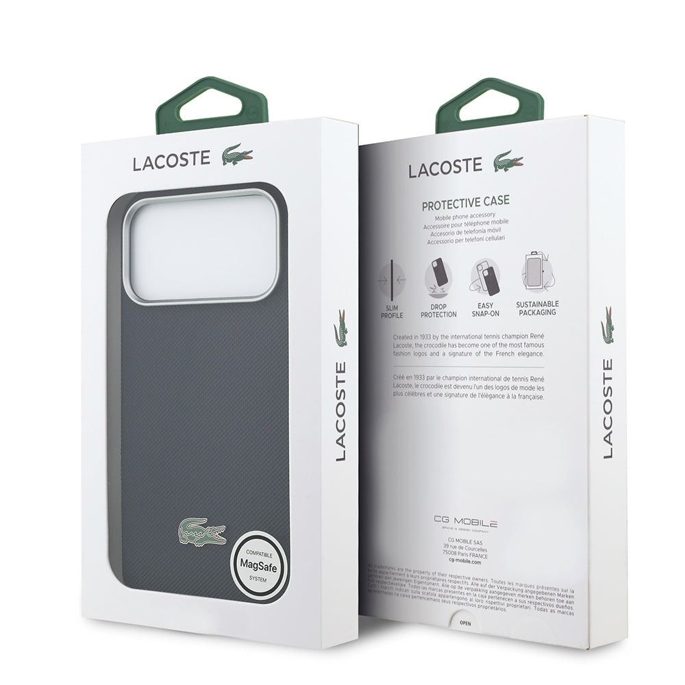 iPhone 17 Pro Max Kılıf Lacoste Orijinal Lisanslı M-Safe Şarj Özellikli PVC Yarı Pike Desenli Arka Yüzey İkonik Timsah Dokuma Logolu Kılıf