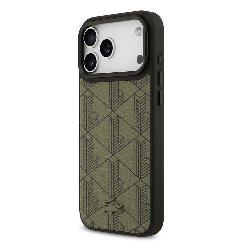 iPhone 17 Pro Max Kılıf Lacoste Orijinal Lisanslı M-safe Şarj Özellikli Standlı PU Deri Karışık Monogram Desenli Kılıf