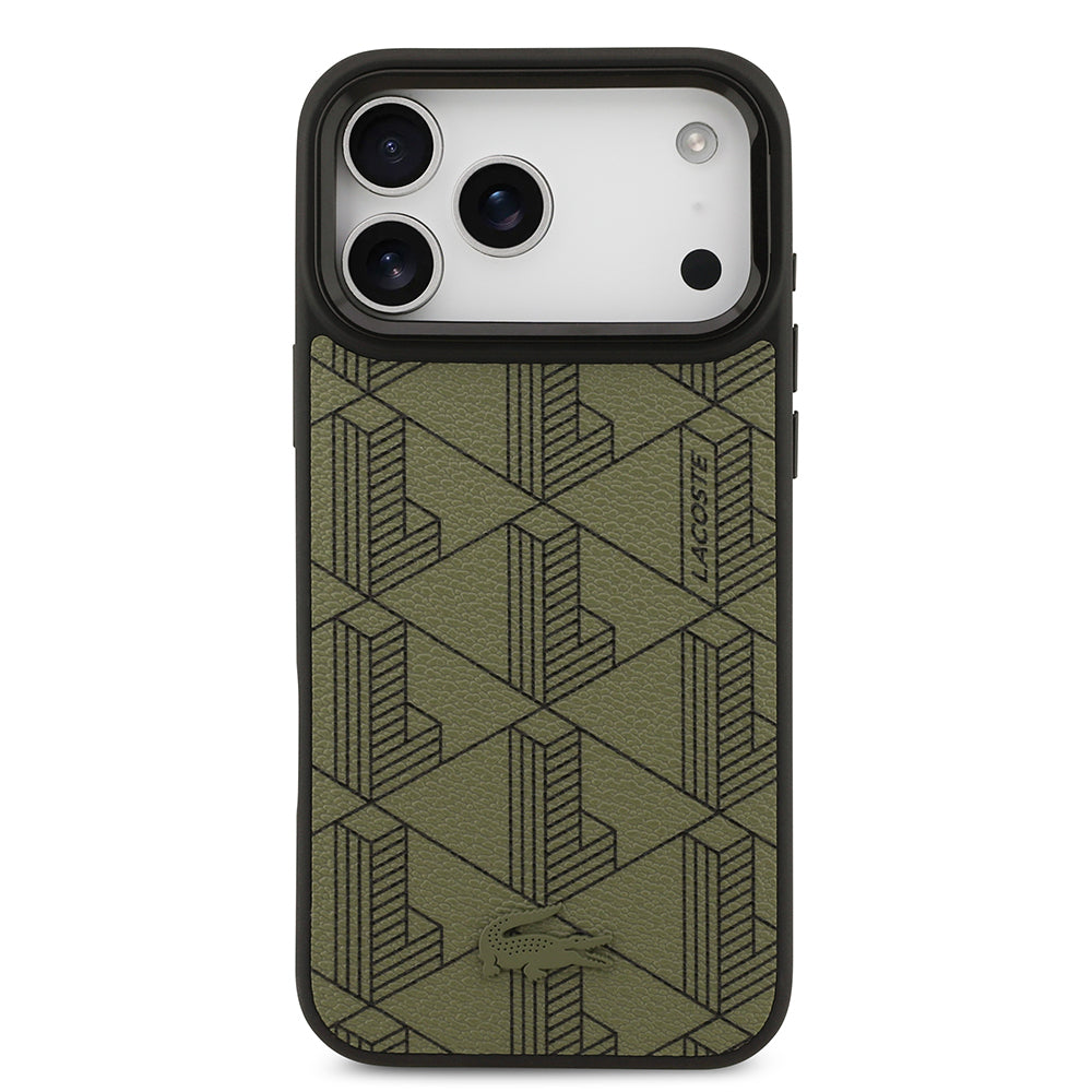 iPhone 17 Pro Max Kılıf Lacoste Orijinal Lisanslı M-safe Şarj Özellikli Standlı PU Deri Karışık Monogram Desenli Kılıf