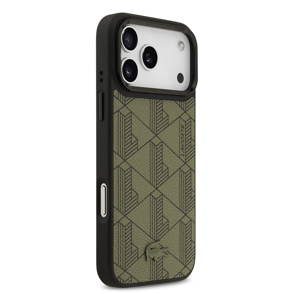 iPhone 17 Pro Max Kılıf Lacoste Orijinal Lisanslı M-safe Şarj Özellikli Standlı PU Deri Karışık Monogram Desenli Kılıf