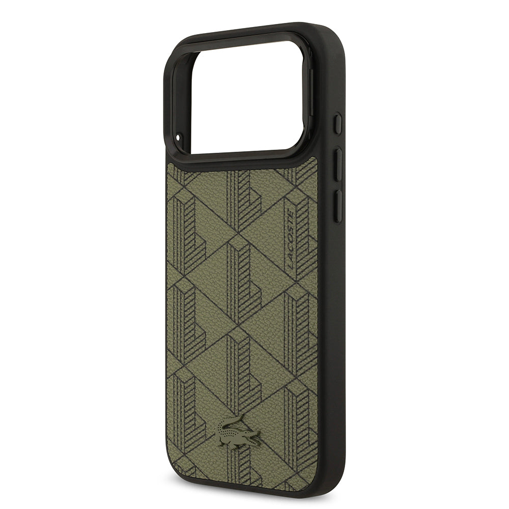 iPhone 17 Pro Max Kılıf Lacoste Orijinal Lisanslı M-safe Şarj Özellikli Standlı PU Deri Karışık Monogram Desenli Kılıf