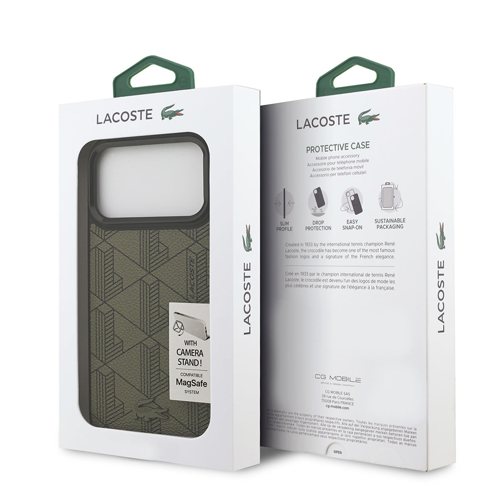 iPhone 17 Pro Max Kılıf Lacoste Orijinal Lisanslı M-safe Şarj Özellikli Standlı PU Deri Karışık Monogram Desenli Kılıf