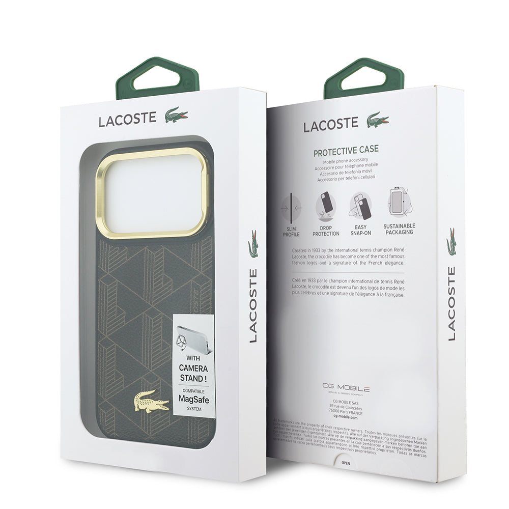 iPhone 17 Pro Max Kılıf Lacoste Orijinal Lisanslı M-safe Şarj Özellikli Standlı PU Deri Karışık Monogram Desenli Kılıf