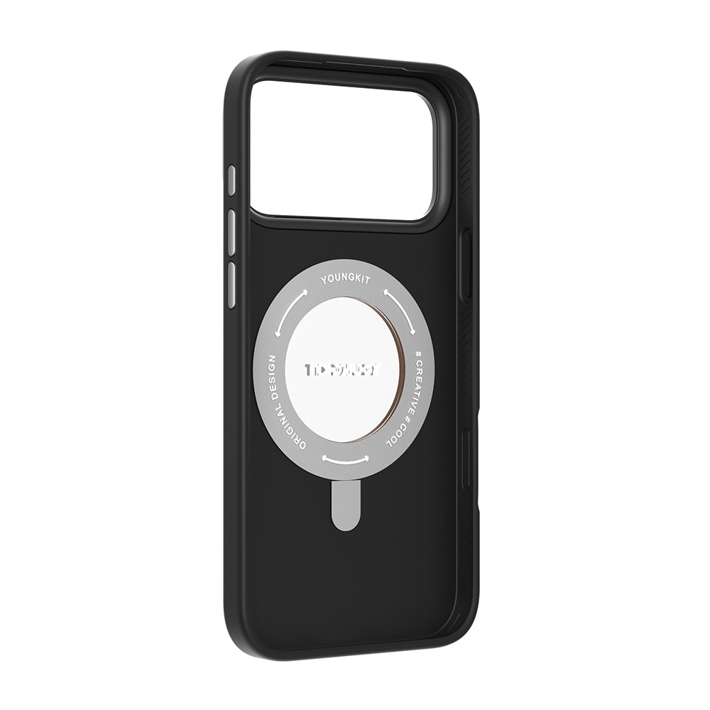 iPhone 17 Pro Max Kılıf M-safe Şarj Özellikli 360 Derece Standlı Basit Mat Deri Desenli Youngkit Tech Leather Serisi Kılıf