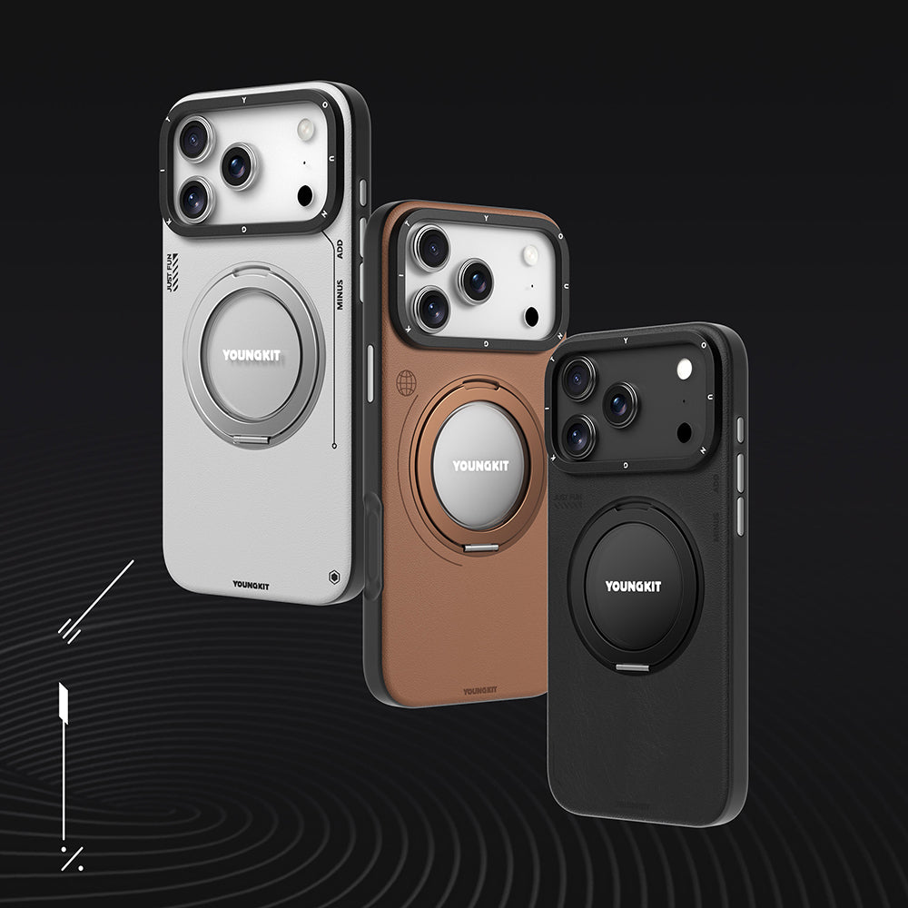 iPhone 17 Pro Max Kılıf M-safe Şarj Özellikli 360 Derece Standlı Basit Mat Deri Desenli Youngkit Tech Leather Serisi Kılıf
