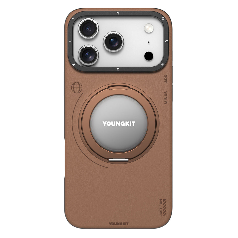 iPhone 17 Pro Max Kılıf M-safe Şarj Özellikli 360 Derece Standlı Basit Mat Deri Desenli Youngkit Tech Leather Serisi Kılıf