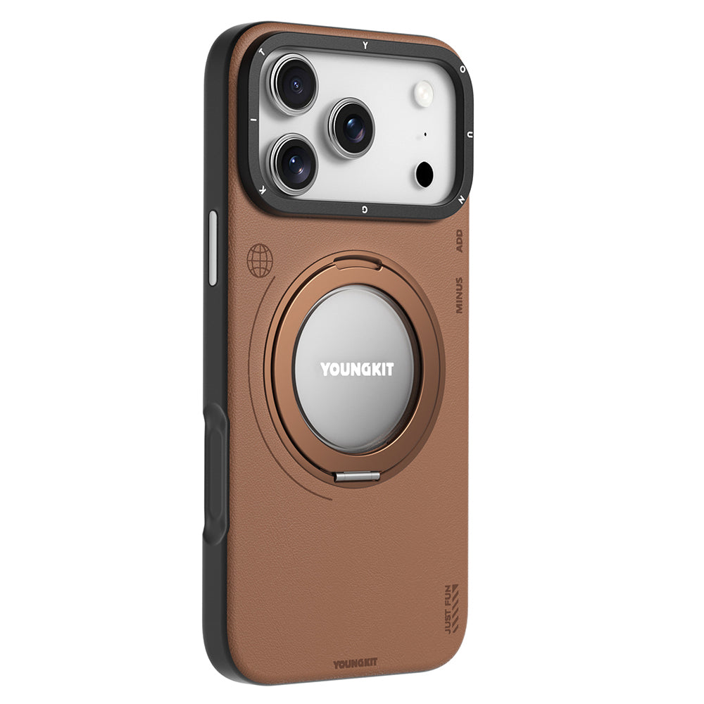 iPhone 17 Pro Max Kılıf M-safe Şarj Özellikli 360 Derece Standlı Basit Mat Deri Desenli Youngkit Tech Leather Serisi Kılıf