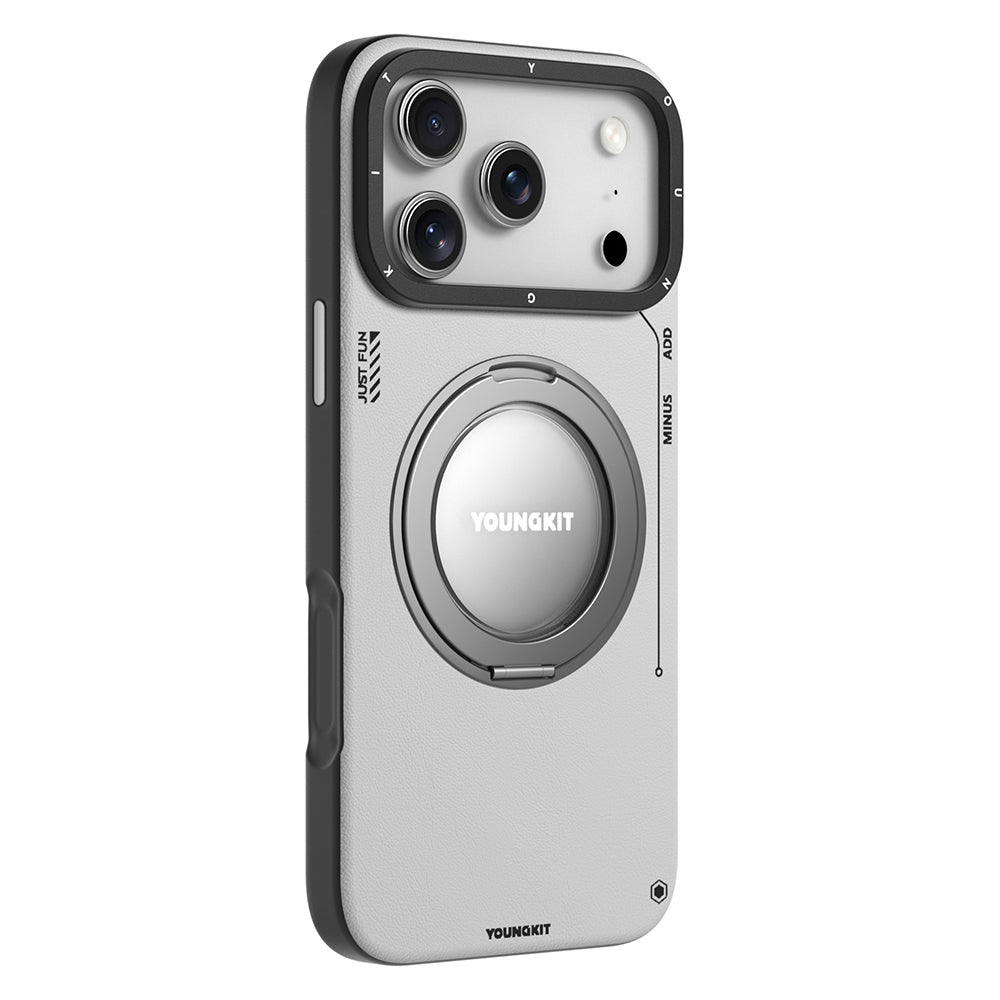 iPhone 17 Pro Max Kılıf M-safe Şarj Özellikli 360 Derece Standlı Basit Mat Deri Desenli Youngkit Tech Leather Serisi Kılıf